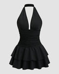 Halter Neck Dress Ruched Waist Tiered Mini in Black
