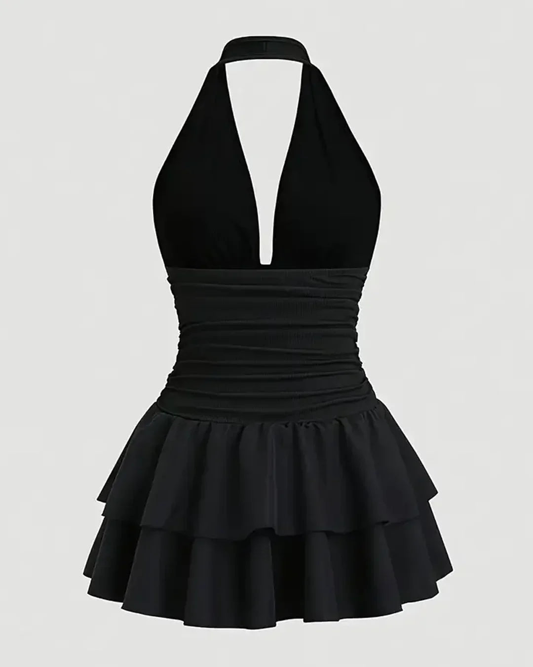 Halter Neck Dress Ruched Waist Tiered Mini in Black