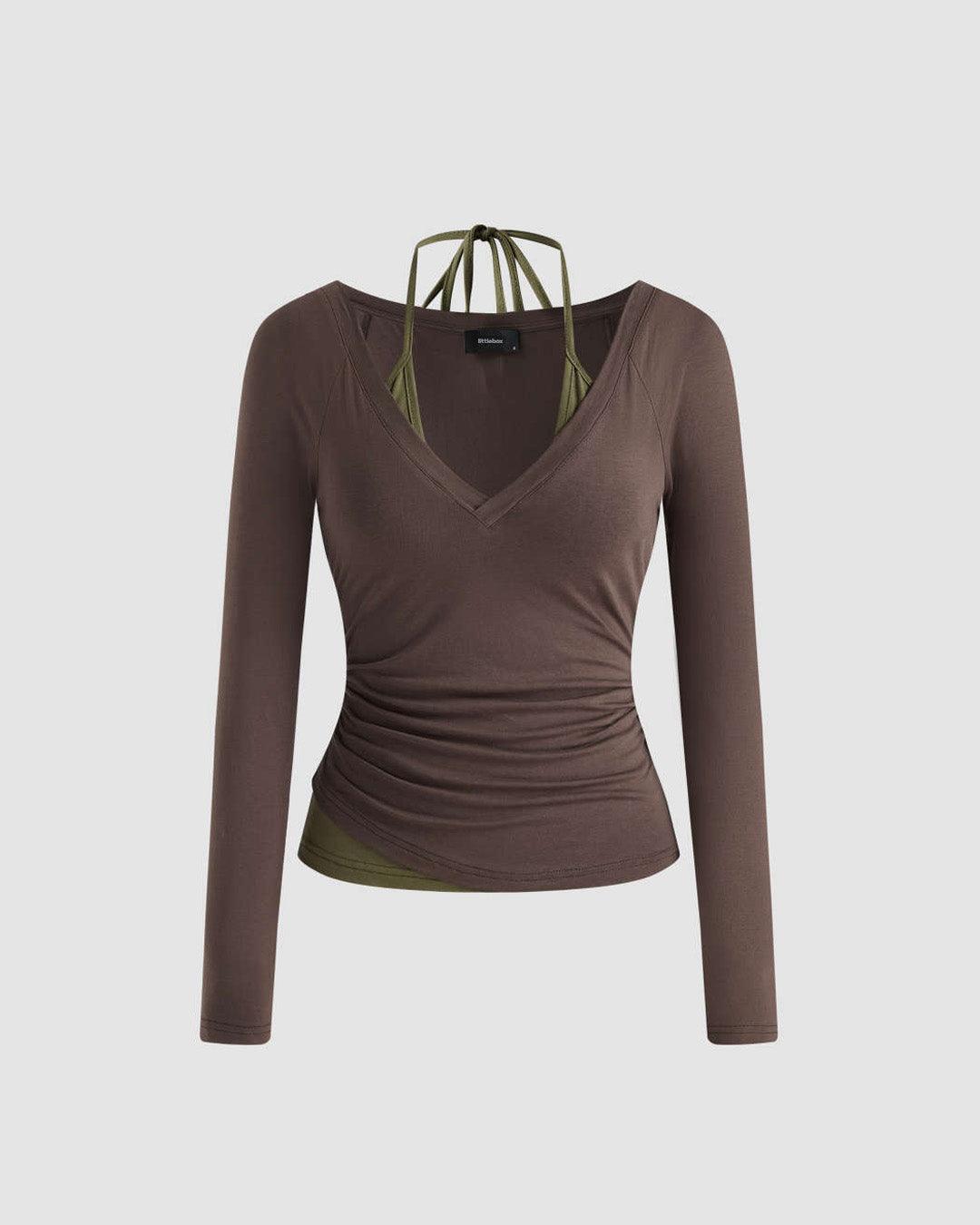 Halter Neckline Long Sleeve Top In Chocolate Brown & Avocado