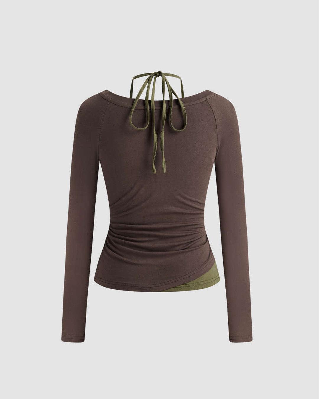 Halter Neckline Long Sleeve Top In Chocolate Brown & Avocado