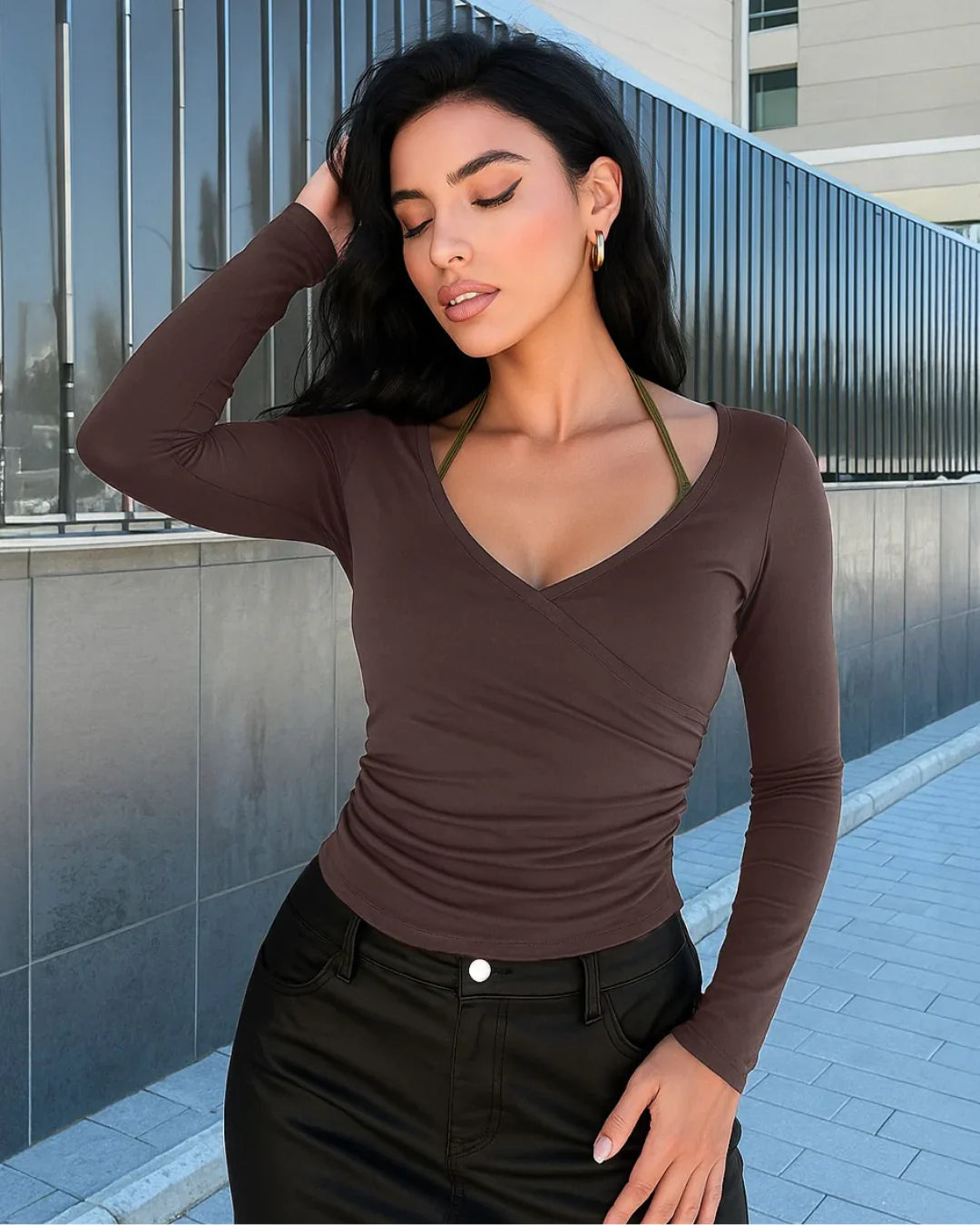 Halter Neckline Long Sleeve Top In Chocolate Brown & Avocado
