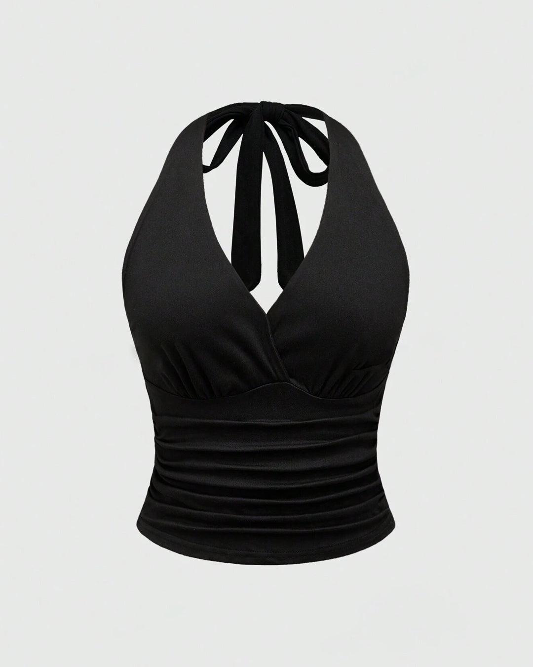 Halter Tie Waist Ruched Fitted Chic Glamour Black Tank Top