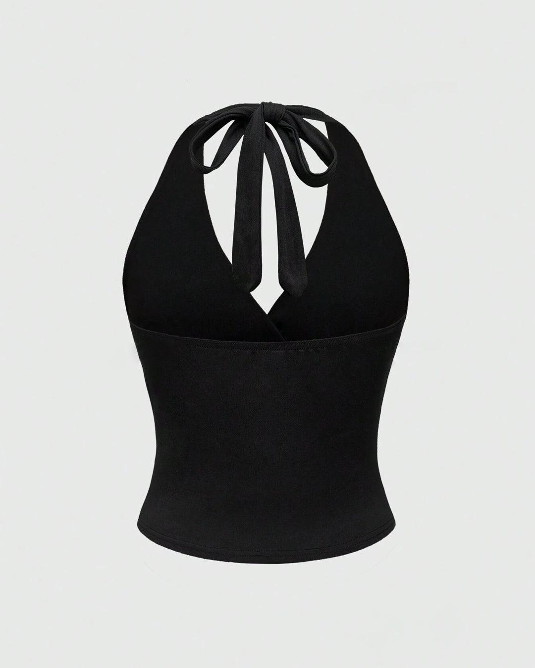 Halter Tie Waist Ruched Fitted Chic Glamour Black Tank Top
