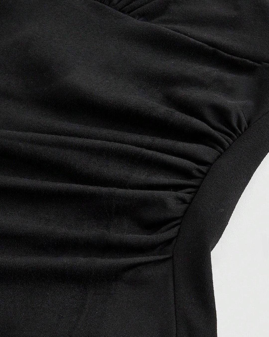 Halter Tie Waist Ruched Fitted Chic Glamour Black Tank Top