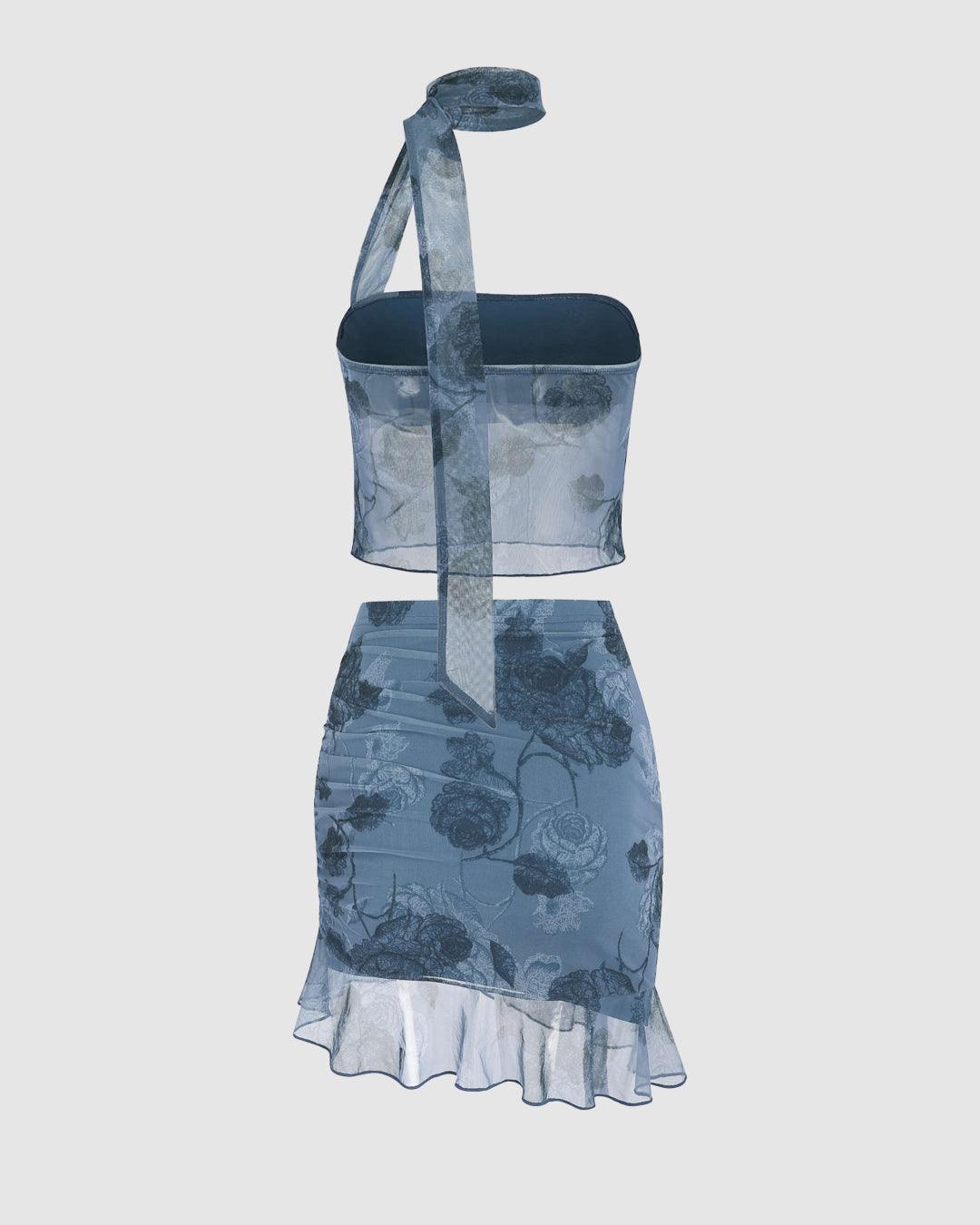 Halter Tube Top & High Waist Floral Knotted Mini Skirt In Blue