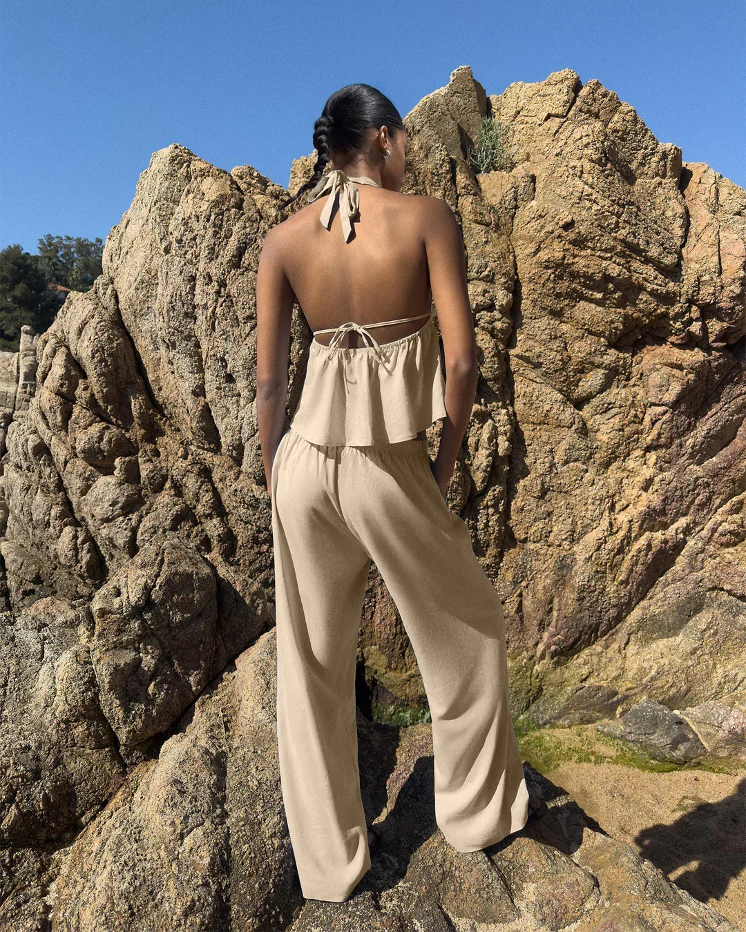 High-Rise Drawstring Wide-Leg Trousers in Light Khaki