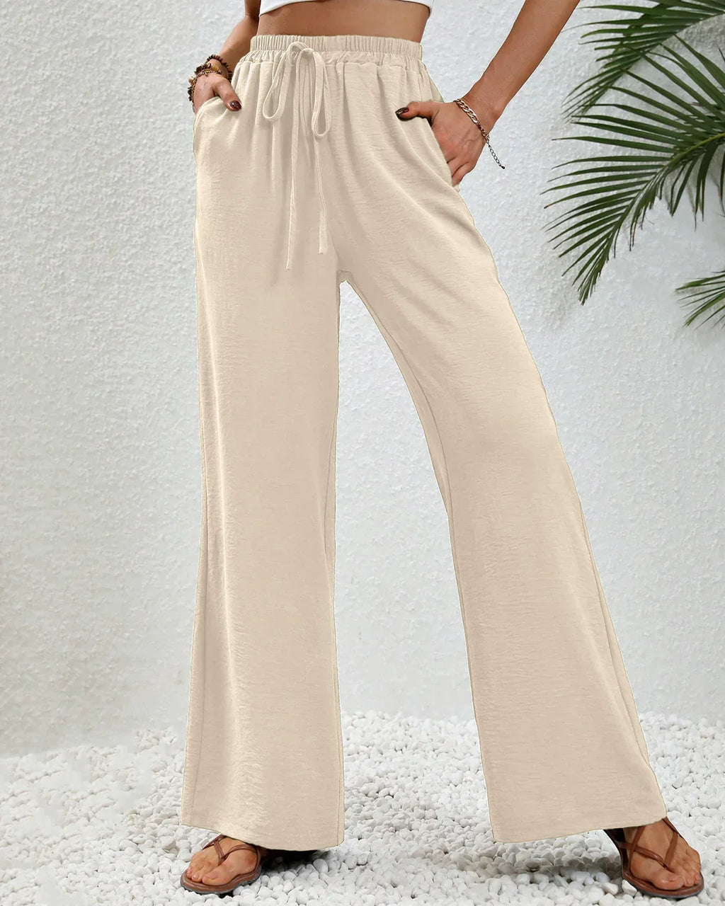 High-Rise Drawstring Wide Leg Pants in Beige