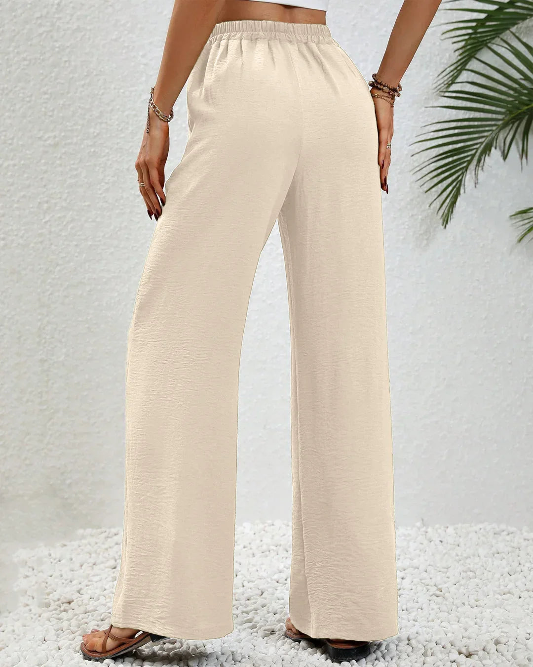 High-Rise Drawstring Wide Leg Pants in Beige