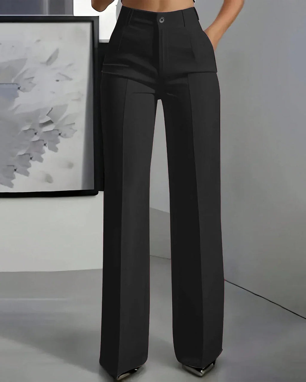 High-Waist Straight Loose Solid Color Button Zipper Pocket Pants in Black