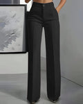 High-Waist Straight Loose Solid Color Button Zipper Pocket Pants in Black