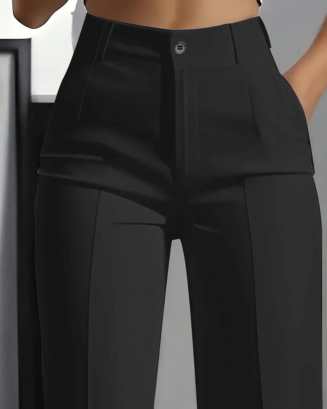 High-Waist Straight Loose Solid Color Button Zipper Pocket Pants in Black