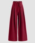 High-Waist Tie-Belt Pleated Wide-Leg Trousers in Burgundy
