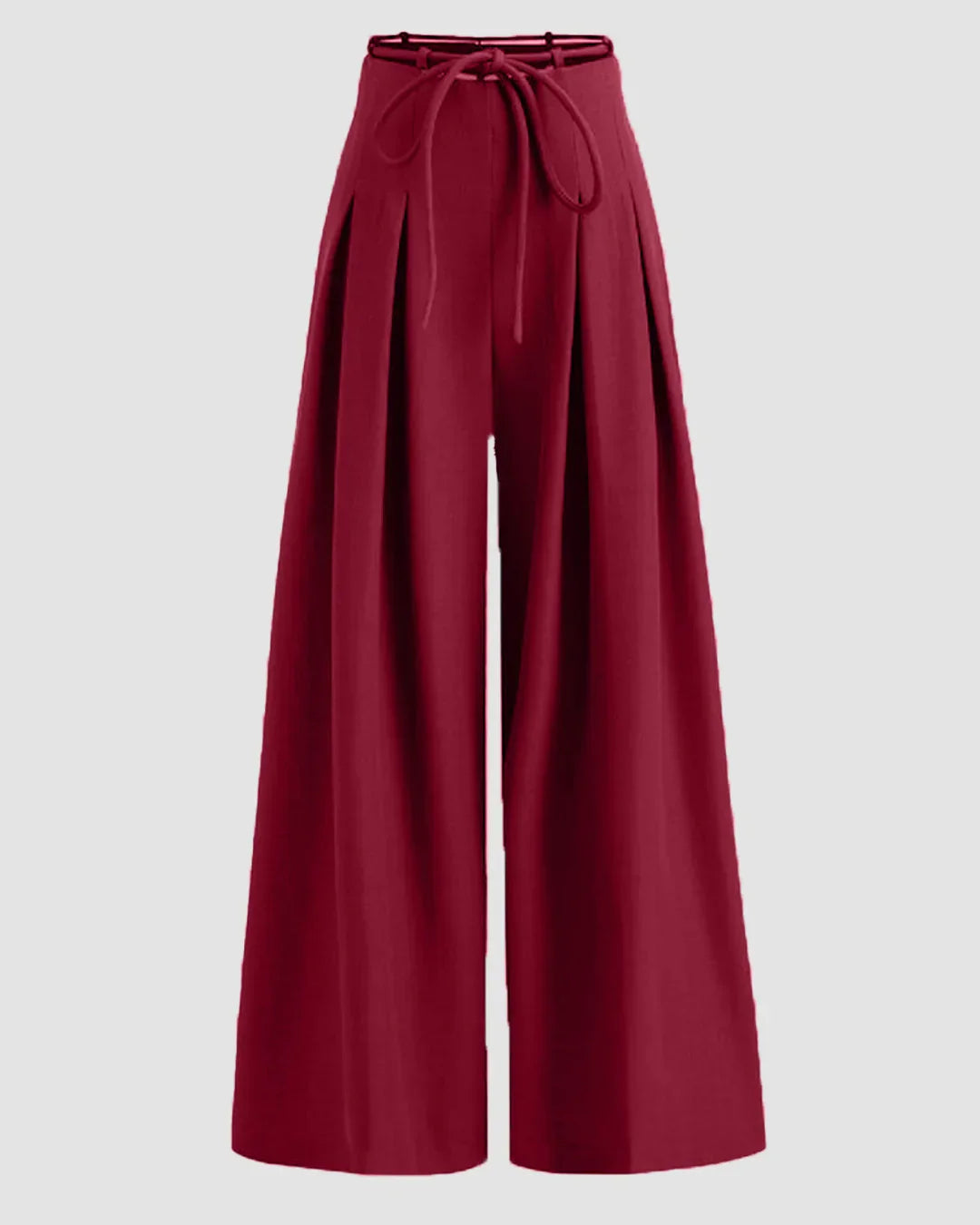 High-Waist Tie-Belt Pleated Wide-Leg Trousers in Burgundy