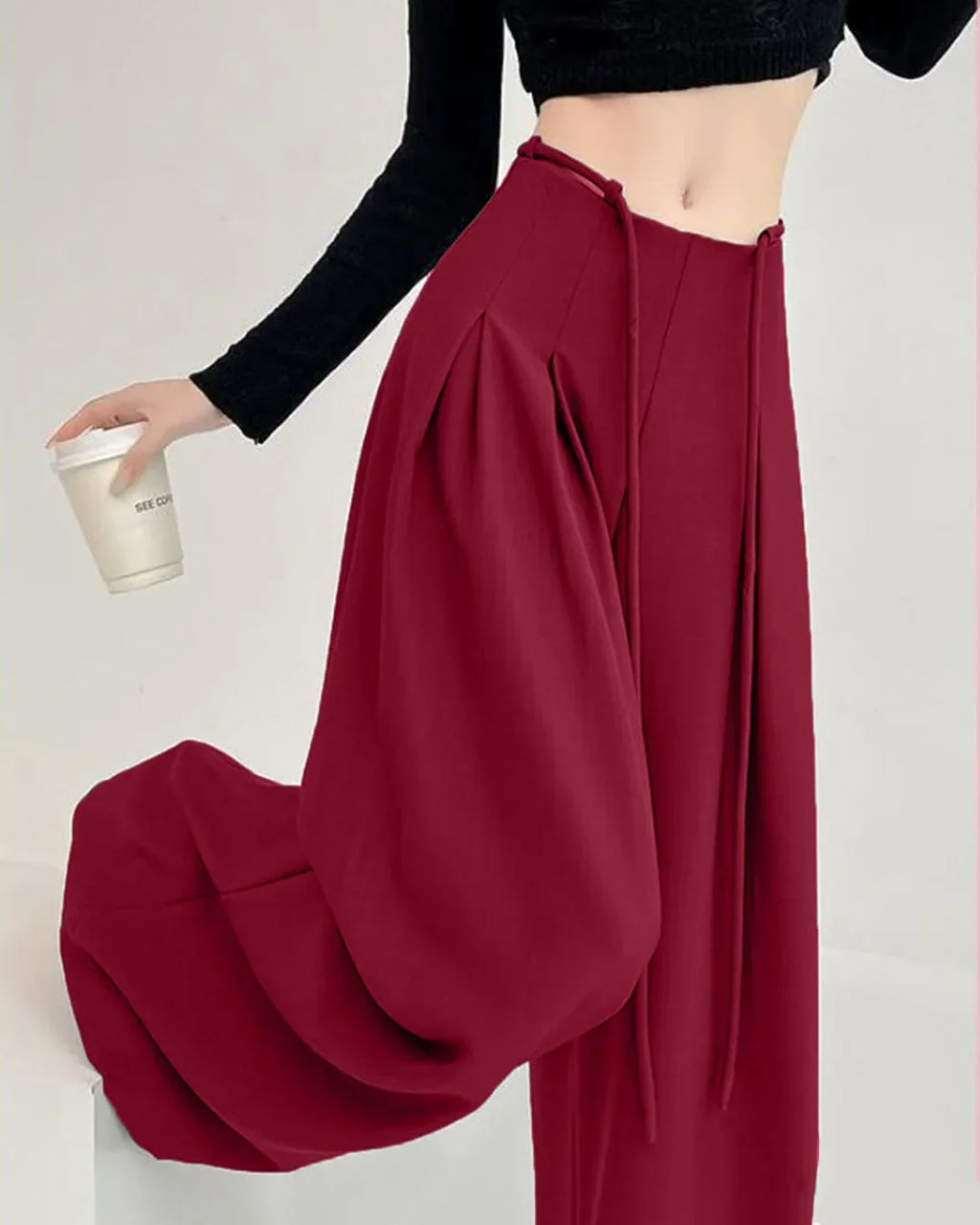High-Waist Tie-Belt Pleated Wide-Leg Trousers in Burgundy