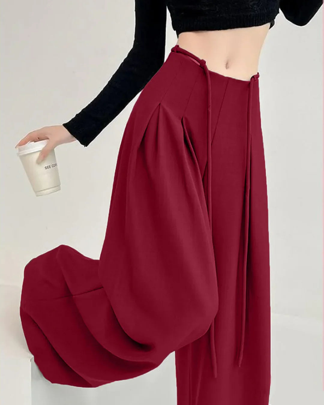 High-Waist Tie-Belt Pleated Wide-Leg Trousers in Burgundy