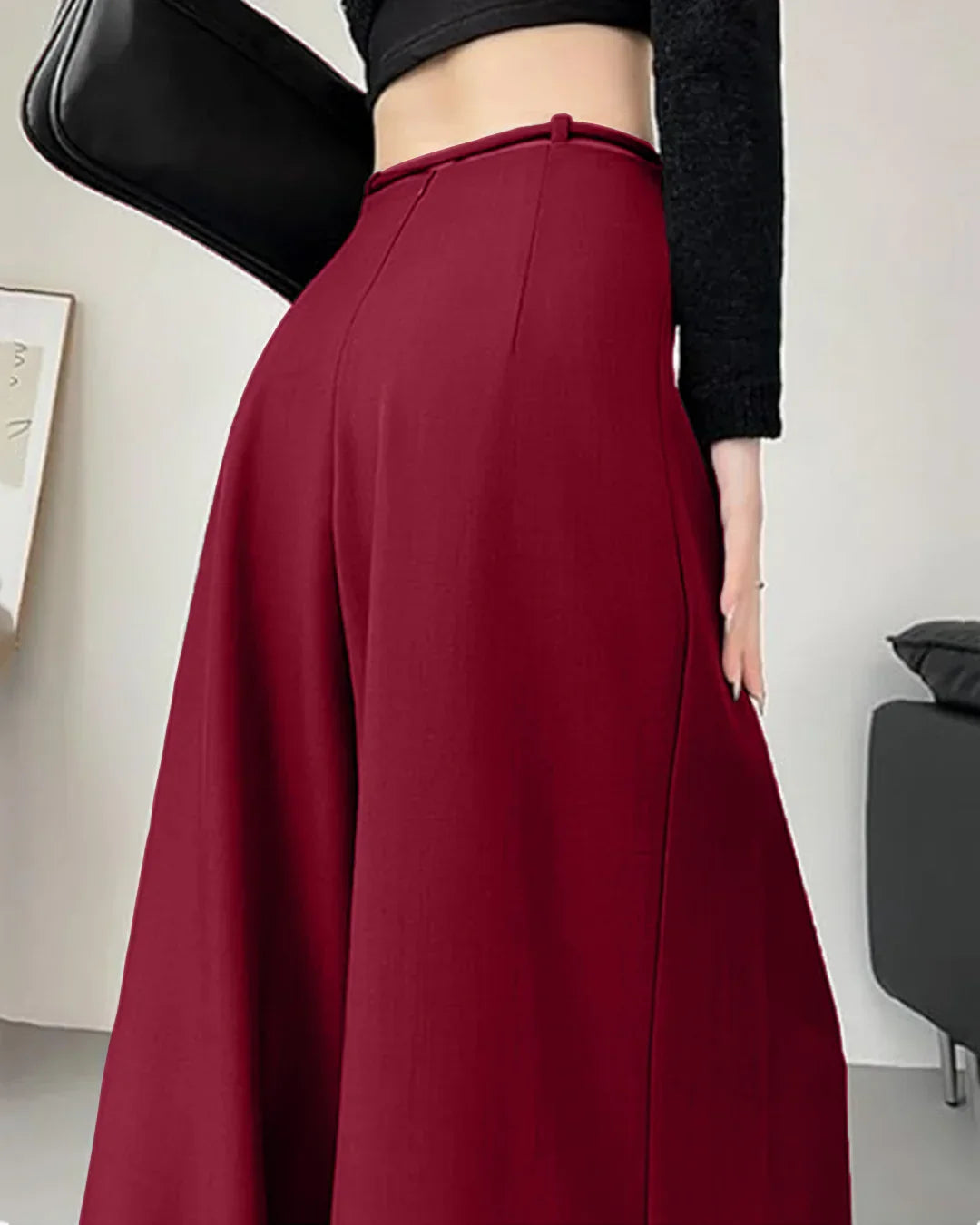 High-Waist Tie-Belt Pleated Wide-Leg Trousers in Burgundy