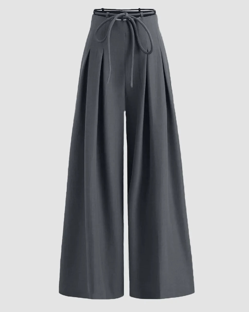 High-Waist Tie-Belt Pleated Wide-Leg Trousers in Dark Grey