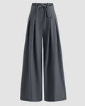 High-Waist Tie-Belt Pleated Wide-Leg Trousers in Dark Grey
