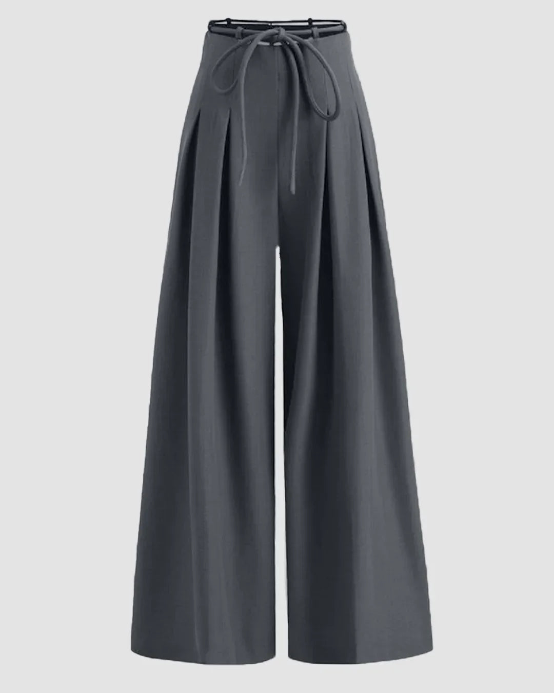 High-Waist Tie-Belt Pleated Wide-Leg Trousers in Dark Grey