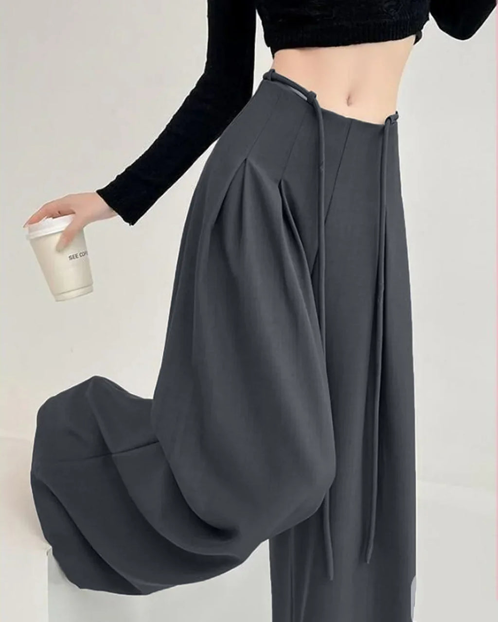 High-Waist Tie-Belt Pleated Wide-Leg Trousers in Dark Grey