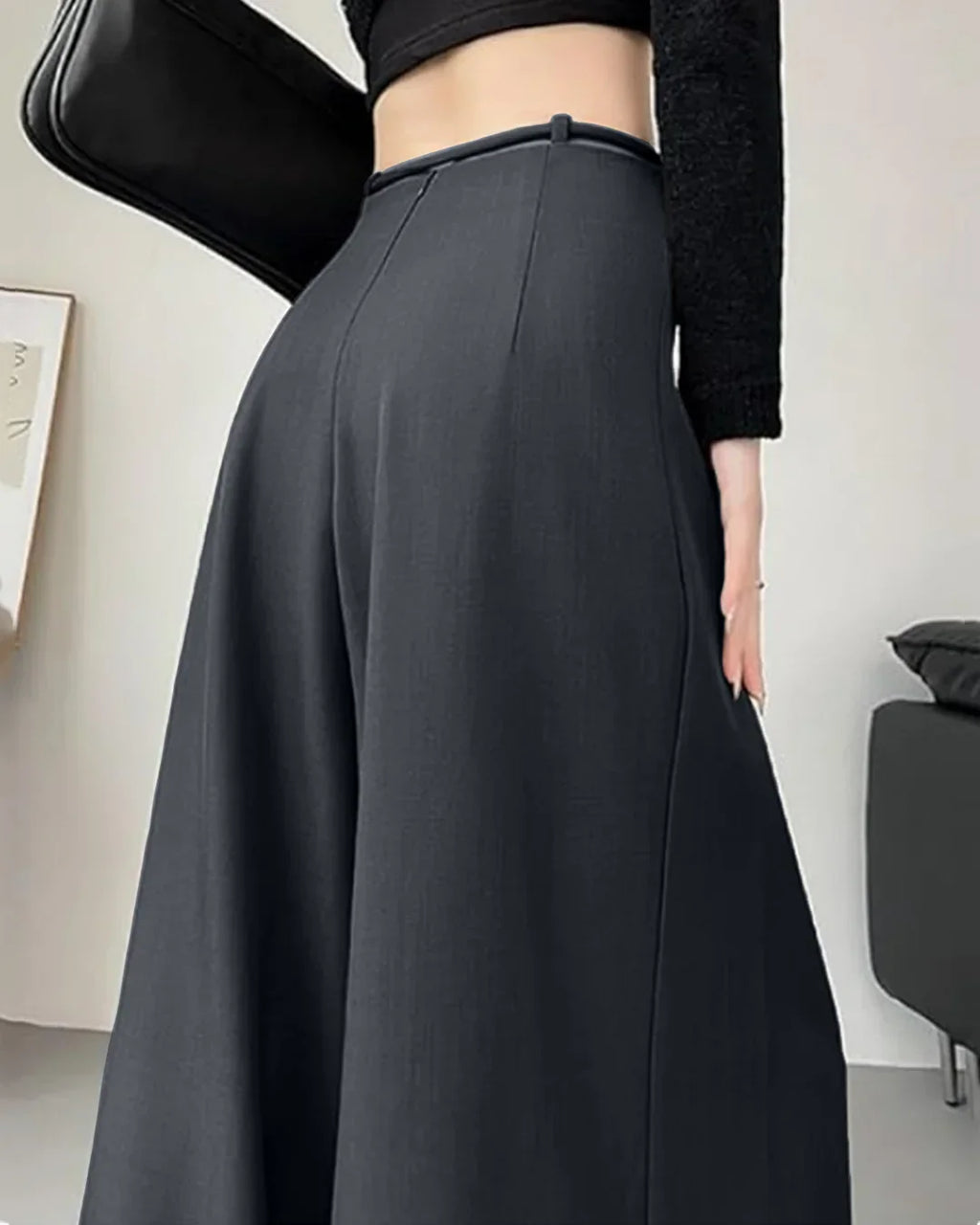 High-Waist Tie-Belt Pleated Wide-Leg Trousers in Dark Grey