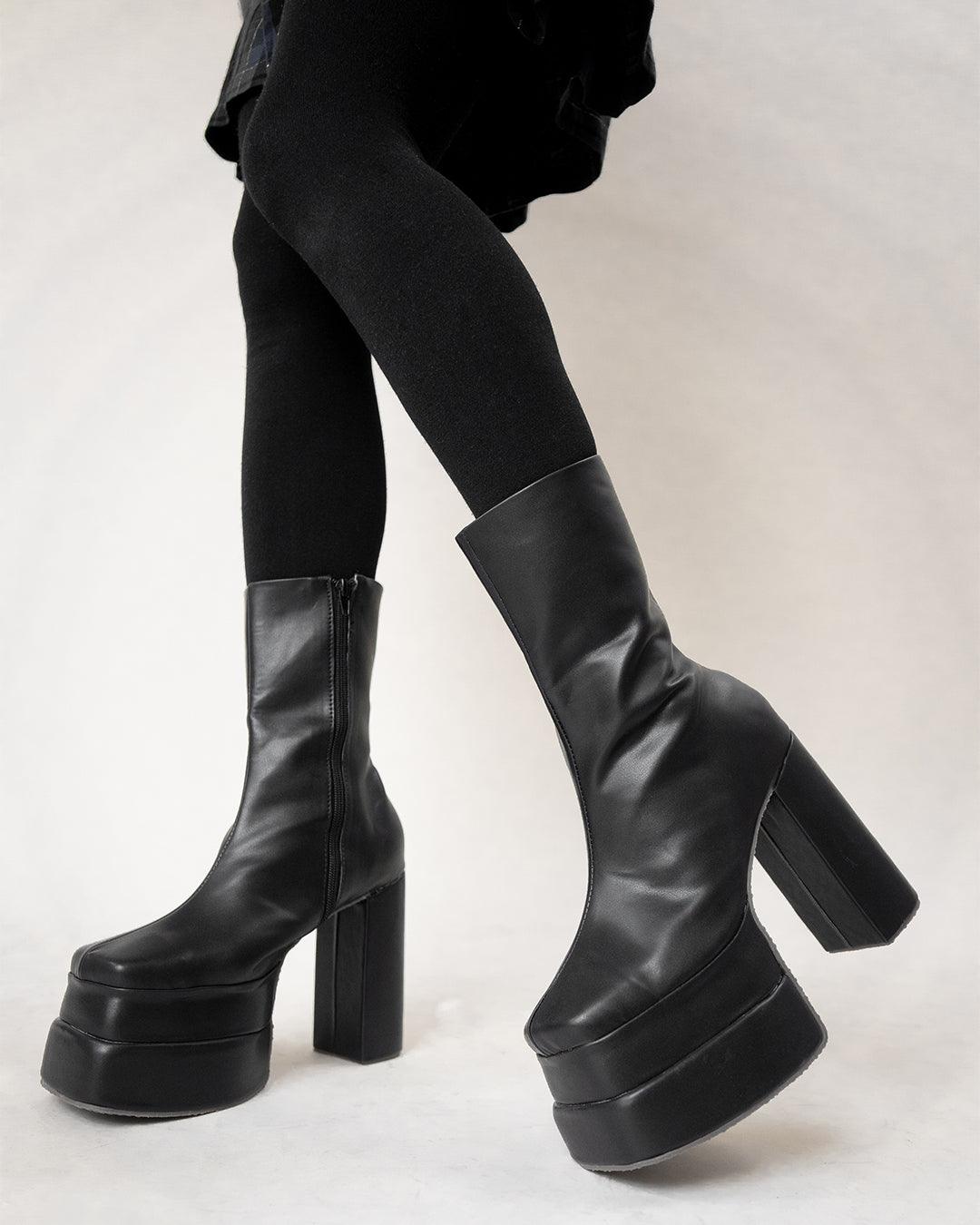 High Heel Platform Boots in Black