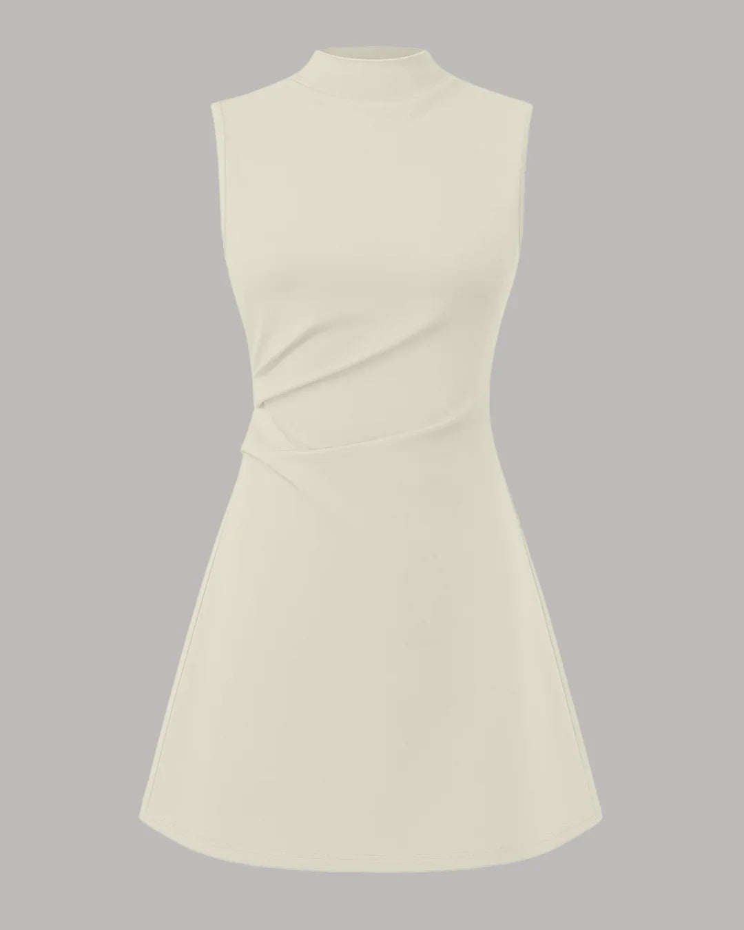 High Neck Ruched A-Line Mini Dress in Beige