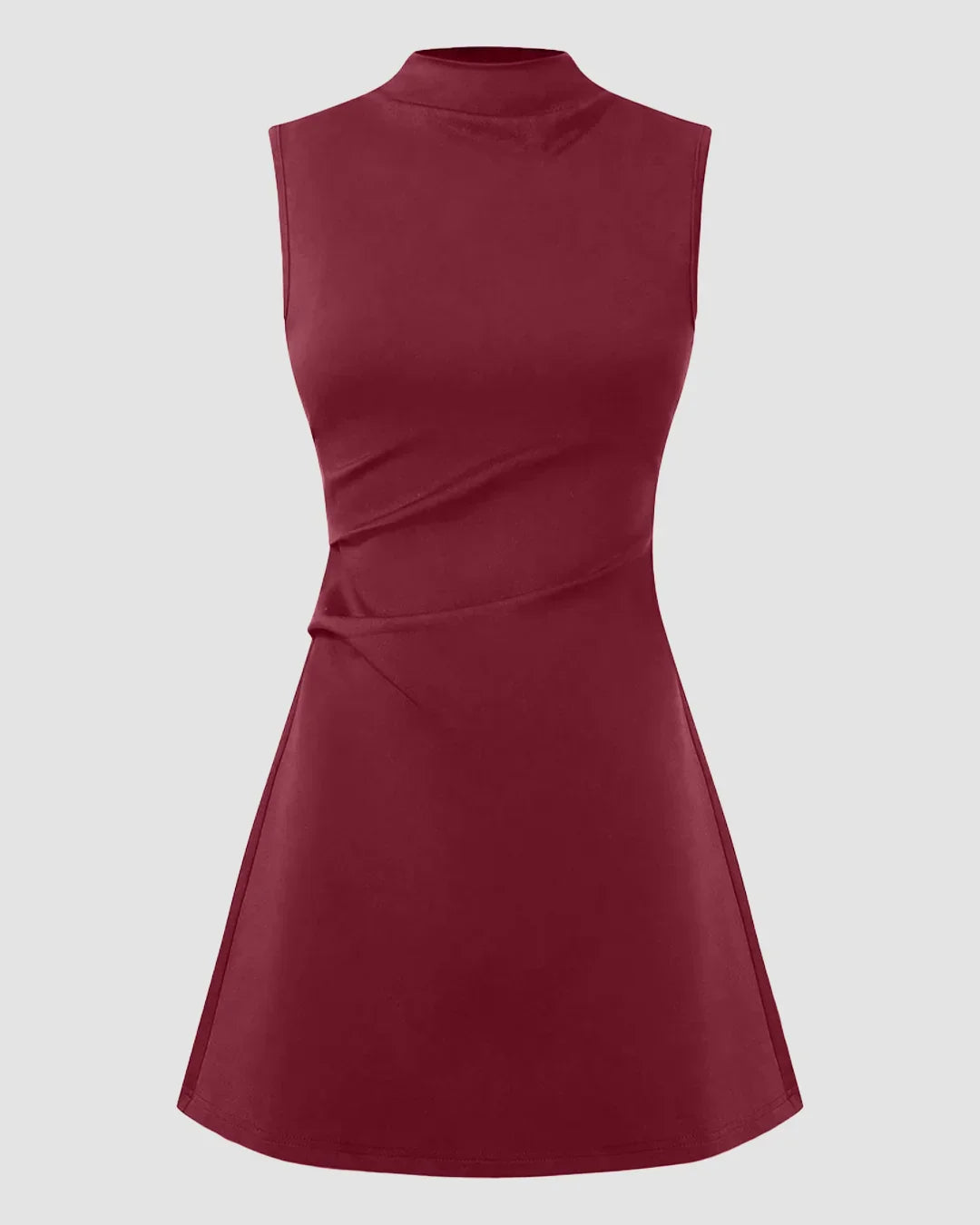 High Neck Ruched A-Line Mini Dress in Burgundy