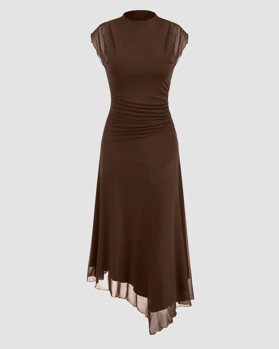 High Neck Ruched Asymmetrical Hem Sleeveless Midi Dress In Brown
