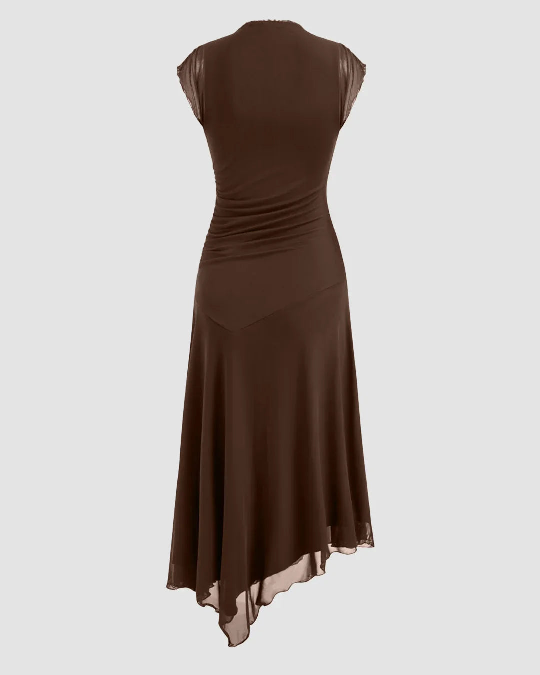 High Neck Ruched Asymmetrical Hem Sleeveless Midi Dress In Brown