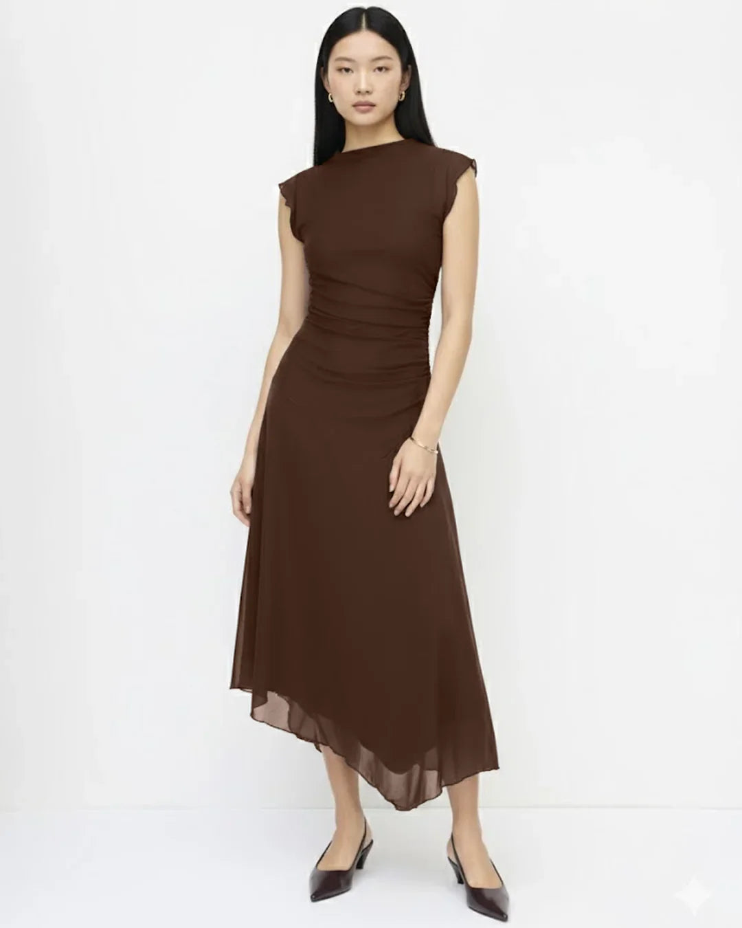 High Neck Ruched Asymmetrical Hem Sleeveless Midi Dress In Brown