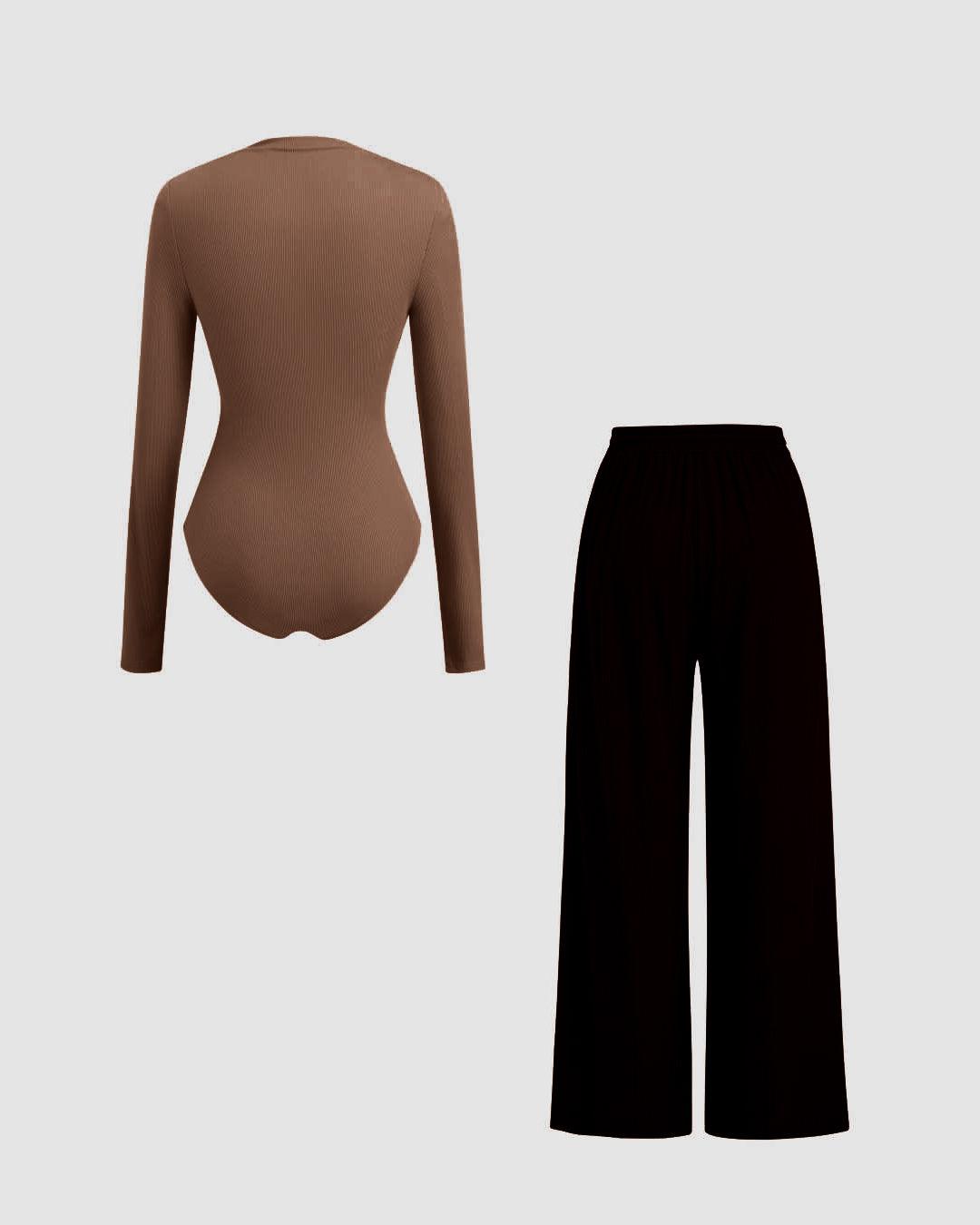 High Neck Ruched Long Sleeve Brown Top & Mid Rise Wide Leg Black Trousers Set