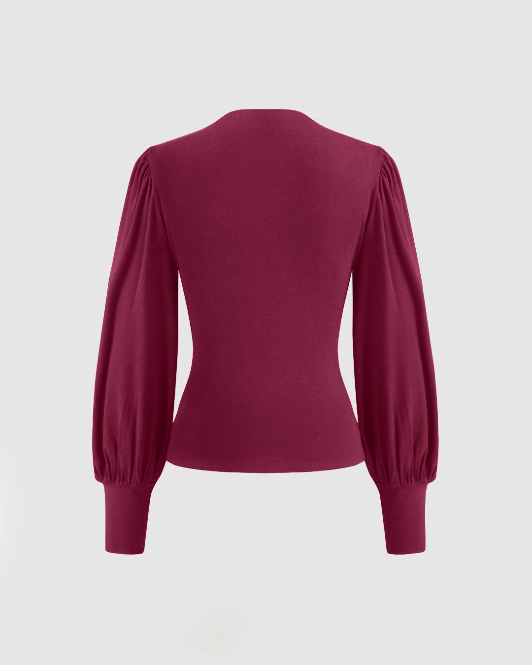 High Neck Ruched Long Sleeve Redberry Top
