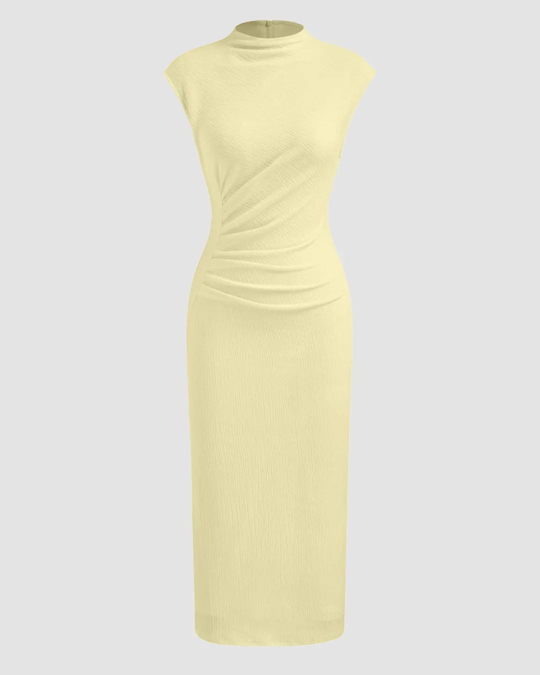 High Neck Ruched Side Sleeveless Maxi Dress in French Vanilla
