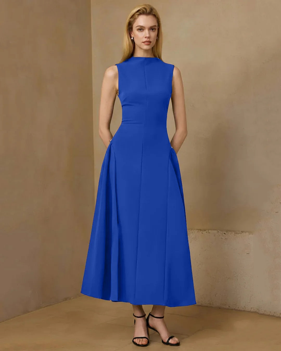 High Neck Sleeveless Straight Fit Midi Dress Solid in Blue