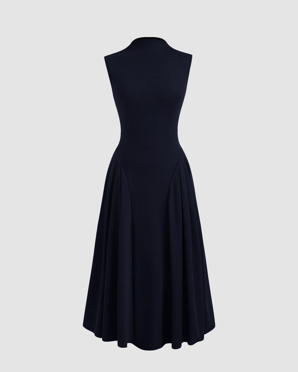 High Neck Solid Ruffle Midi Dress In Navy Blue