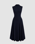 High Neck Solid Ruffle Midi Dress In Navy Blue