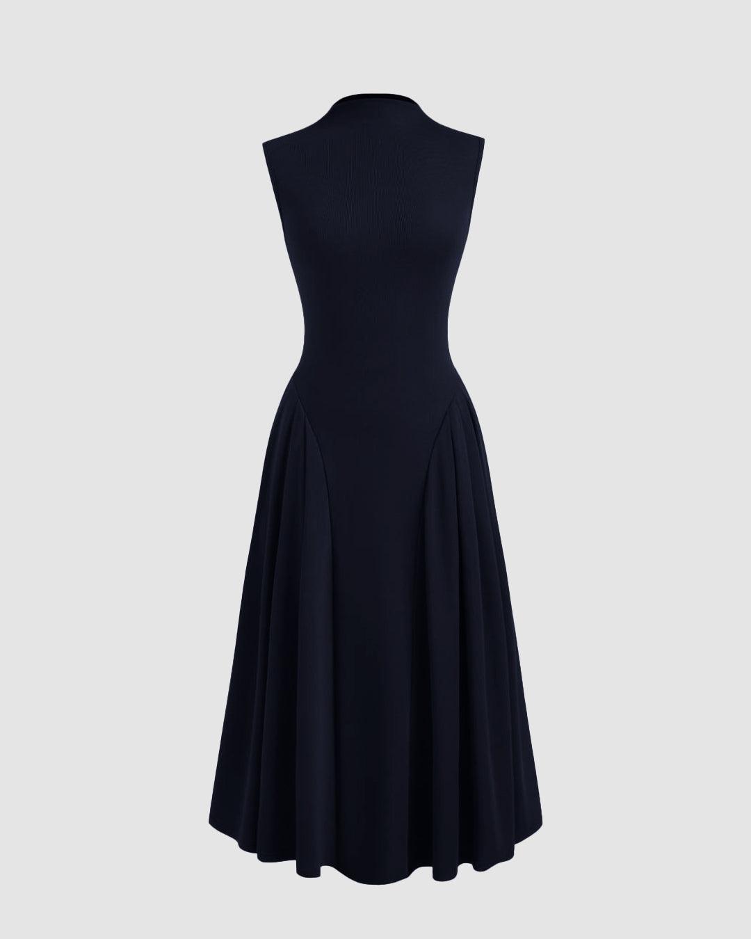 High Neck Solid Ruffle Midi Dress In Navy Blue