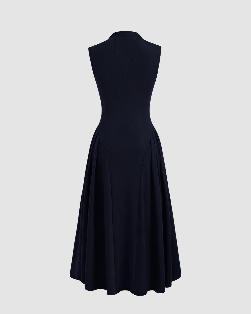 High Neck Solid Ruffle Midi Dress In Navy Blue
