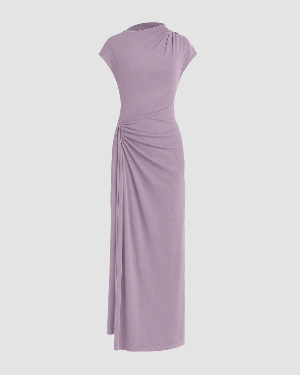 High Neck Solid Twist Ruched Split Maxi Dress In Lilac