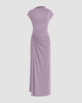 High Neck Solid Twist Ruched Split Maxi Dress In Lilac