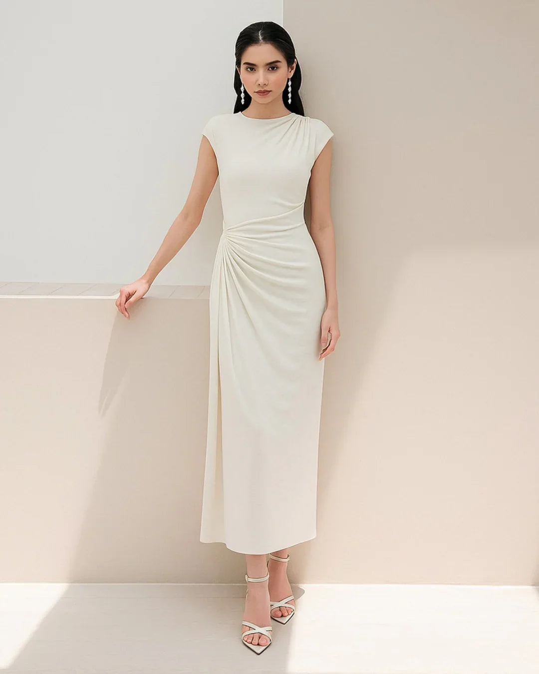 High Neck Draped Waist Maxi Dress in Milky White