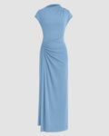 Asymmetric Ruched Cap Sleeve Maxi Dress in Powder Blue