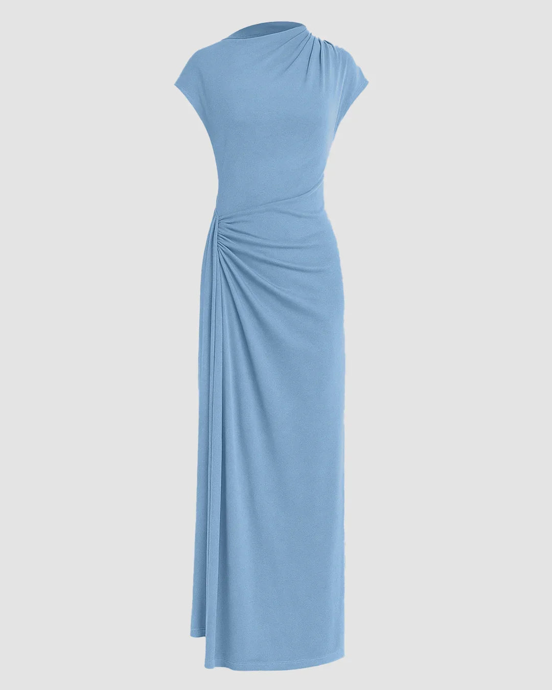 Asymmetric Ruched Cap Sleeve Maxi Dress in Powder Blue