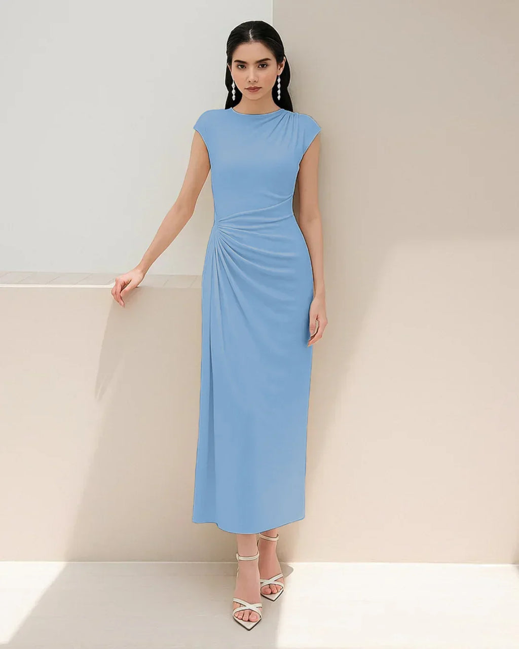 Asymmetric Ruched Cap Sleeve Maxi Dress in Powder Blue
