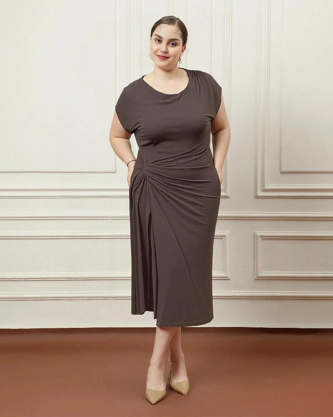 High Neck Twist Ruched Split Maxi Dress Curve & Plus In Coco Brown