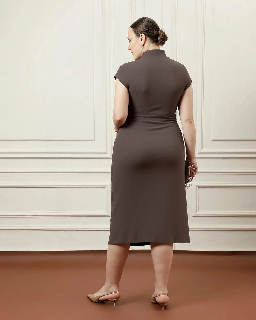 High Neck Twist Ruched Split Maxi Dress Curve & Plus In Coco Brown