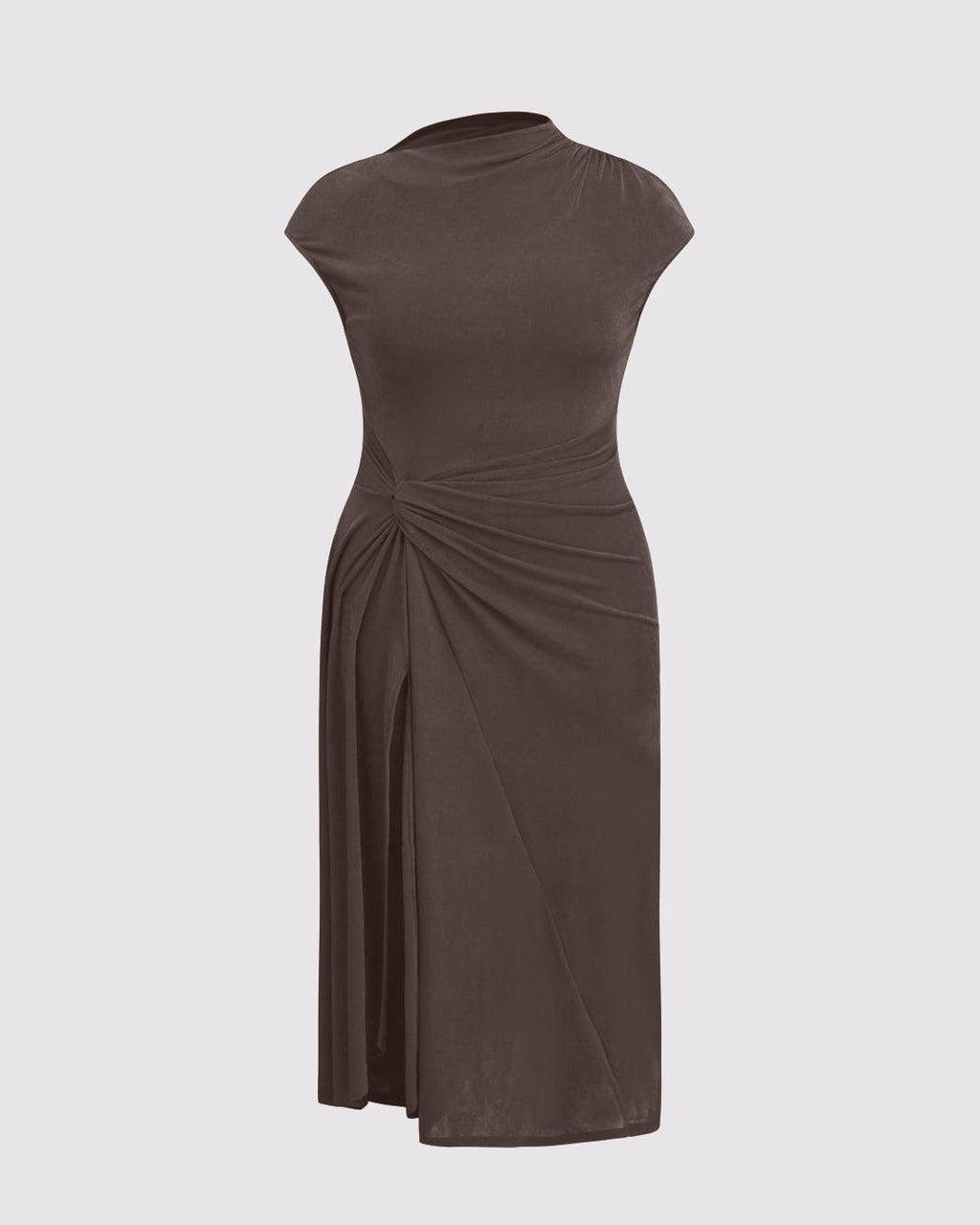 High Neck Twist Ruched Split Maxi Dress Curve & Plus In Coco Brown