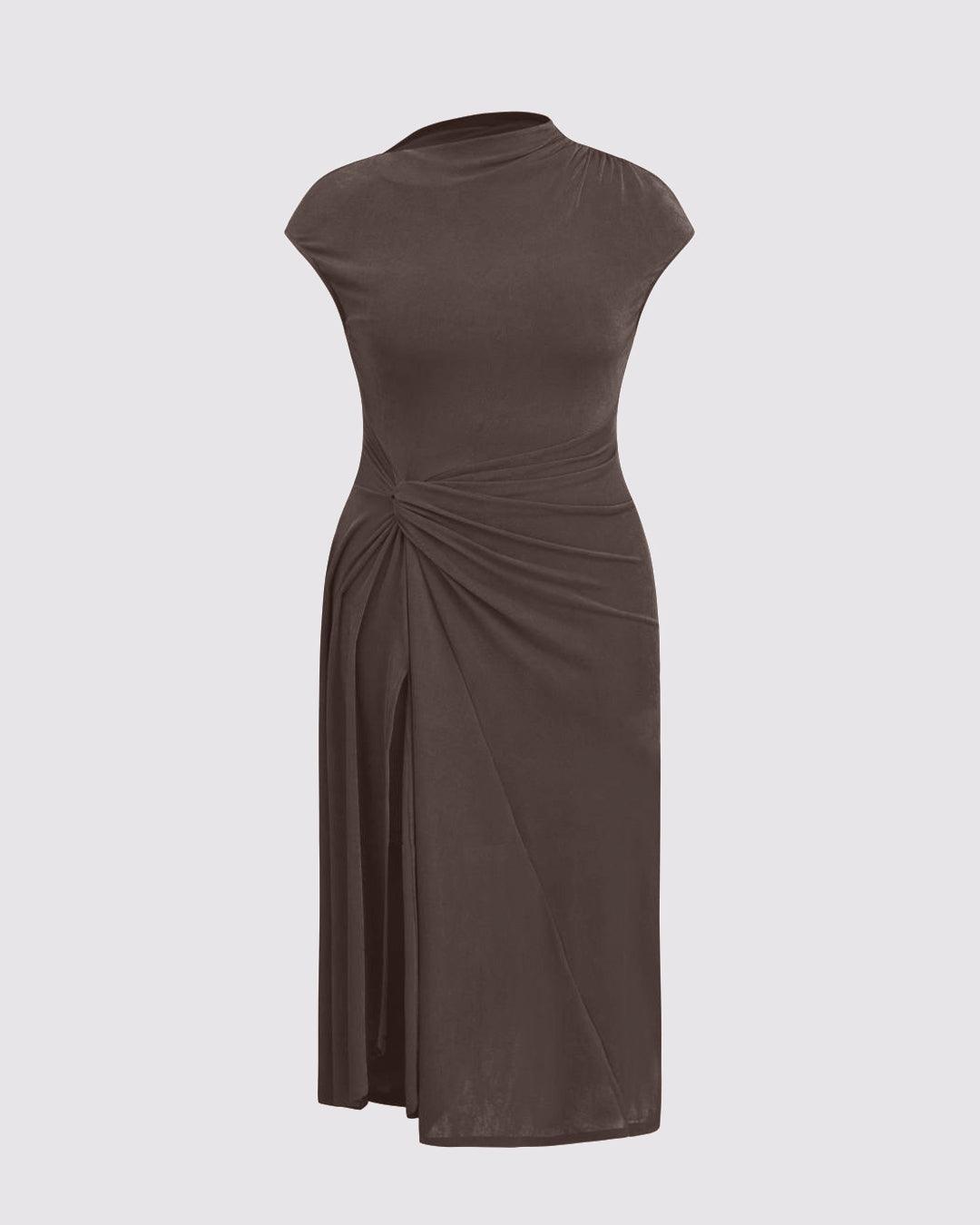 High Neck Twist Ruched Split Maxi Dress Curve & Plus In Coco Brown