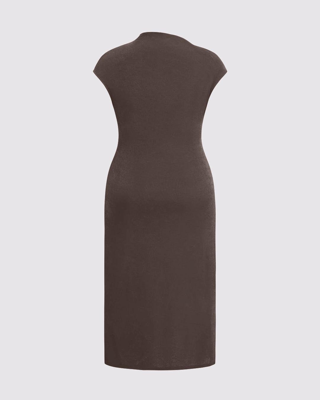 High Neck Twist Ruched Split Maxi Dress Curve & Plus In Coco Brown